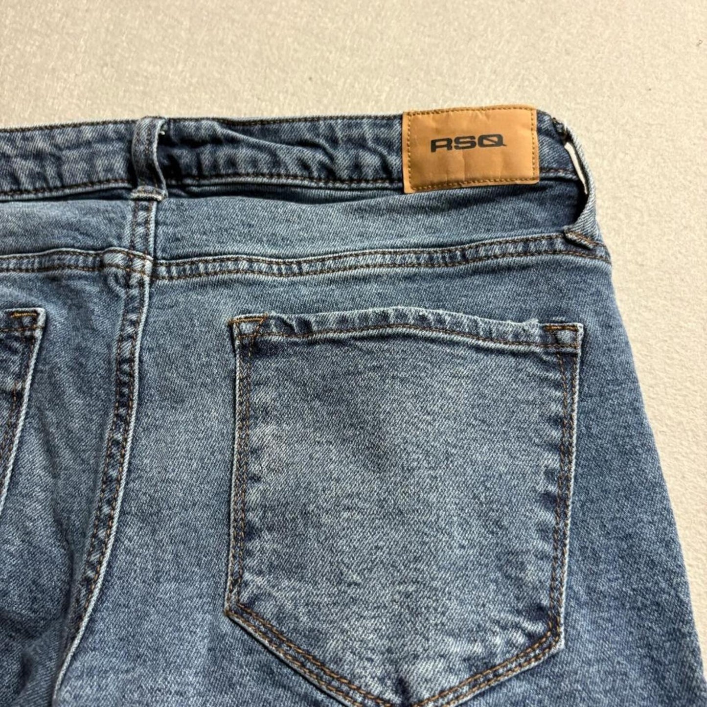 RSQ Low Rise Flare Jeans Womens 27 Blue Denim Raw Hem Stretch Comfort