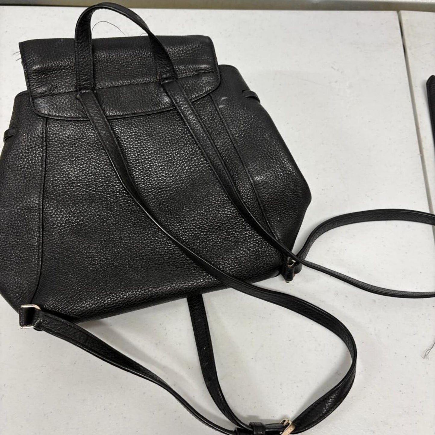 Kate Spade New York Black Pebbled Leather Backpack Small Drawstring Flap Bag