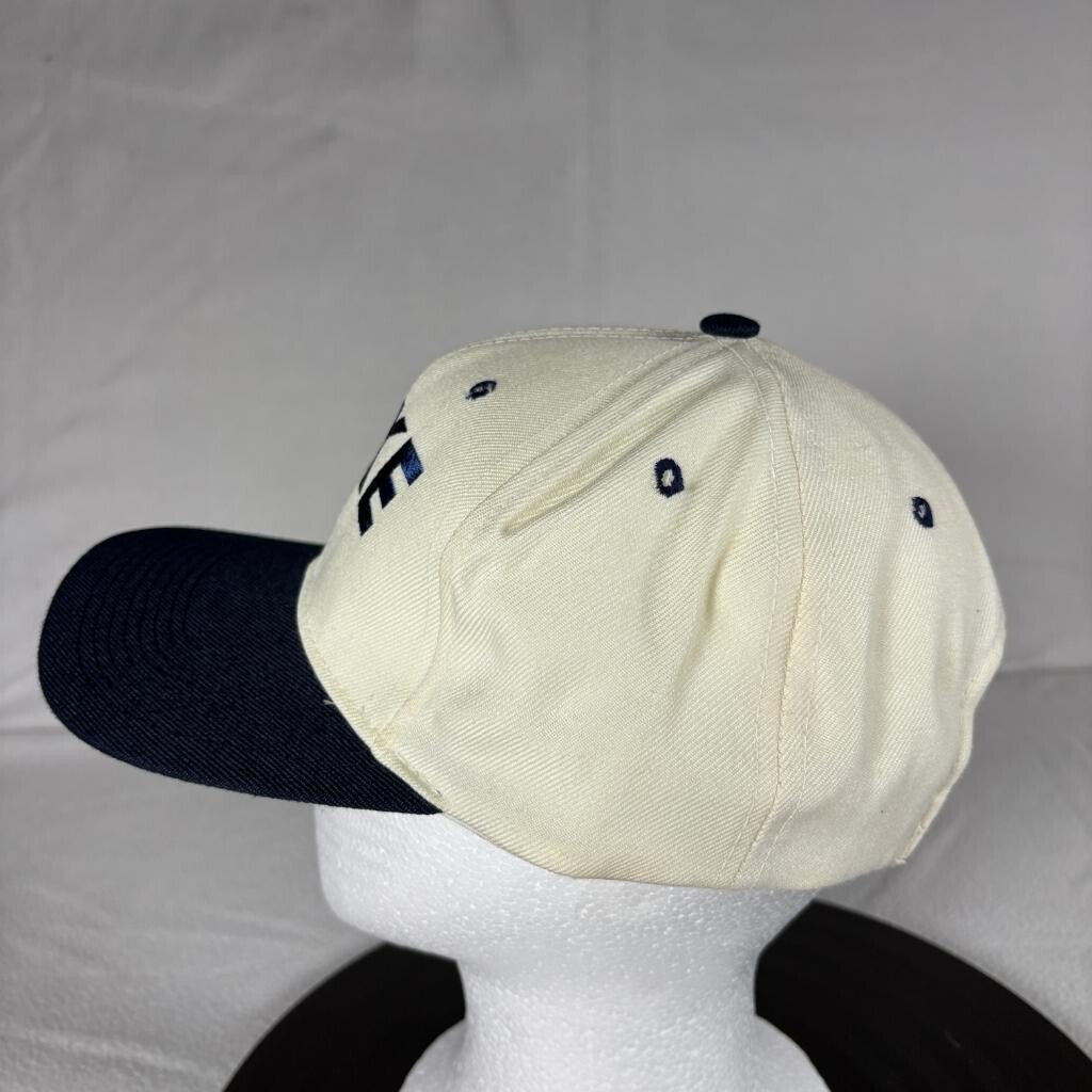 Vintage Nike Spellout Snapback Hat Cream Navy Blue Ace Tag Made in Korea Cap