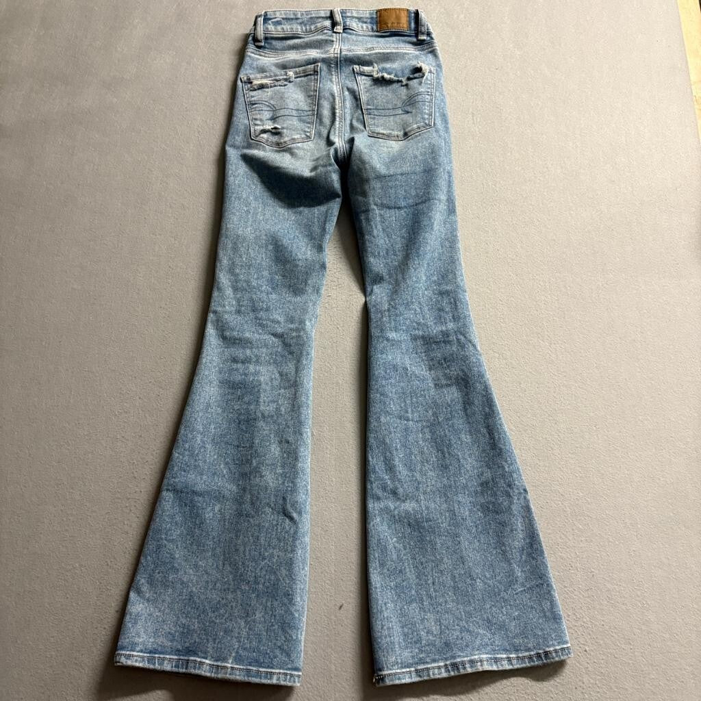 American Eagle Super Hi-Rise Flare Jeans Womens 00 Next Level Stretch Distressed