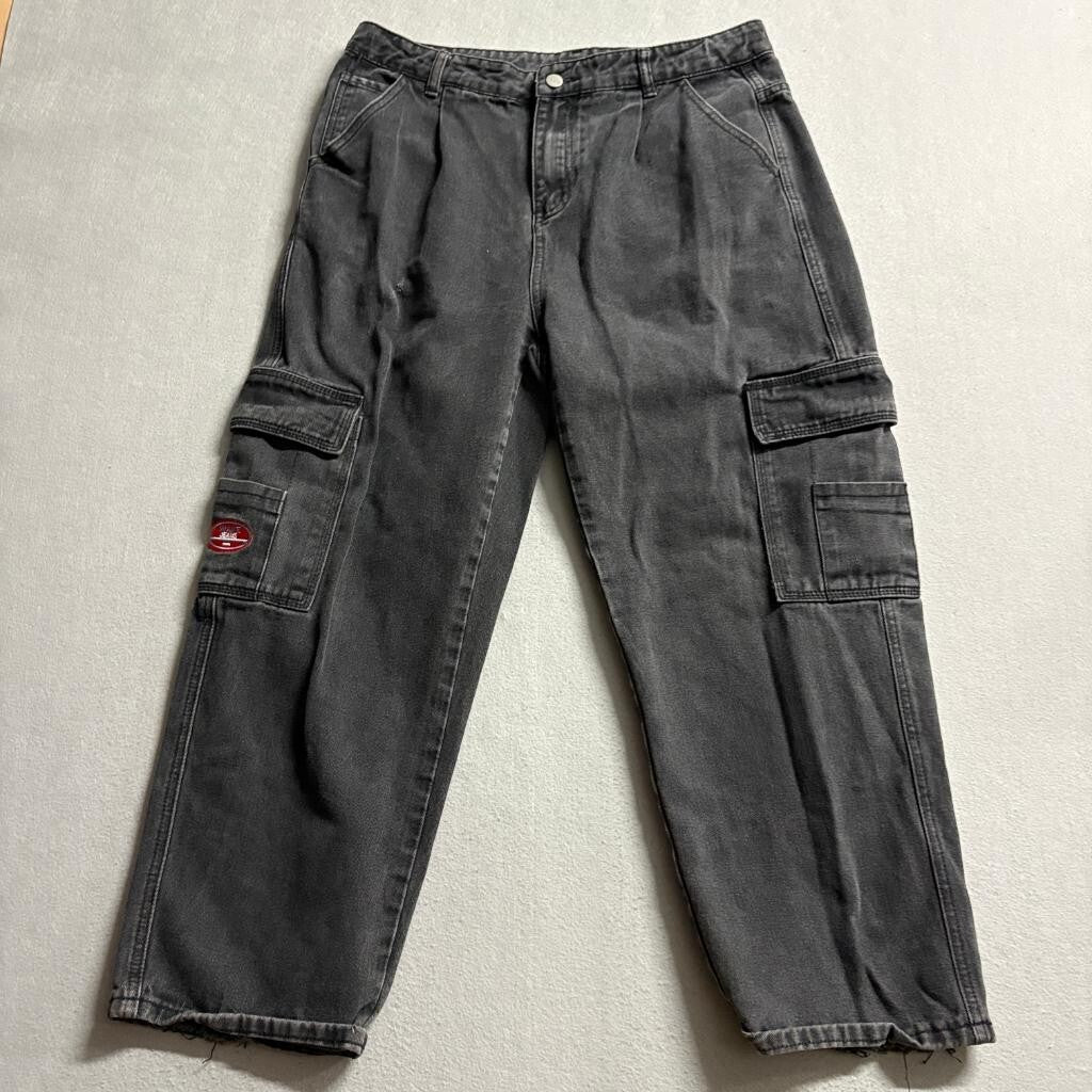Shein Curve Mens 0XL Gray Denim Cargo Pants Wake Jeans Embroidered Patch
