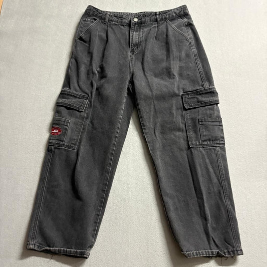 Shein Curve Mens 0XL Gray Denim Cargo Pants Wake Jeans Embroidered Patch