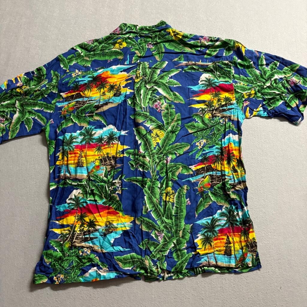 Sunset Highway Hawaiian Shirt Mens XL Blue Rayon Tropical Parrot Sunset Beach
