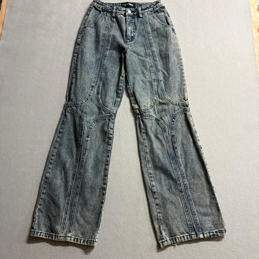 Fashion Nova Womens Wide Leg Jeans Size 3 Blue Acid Wash Seamed Panel Denim