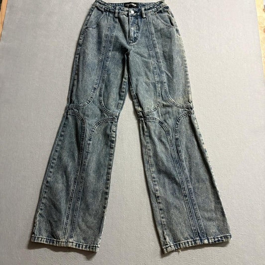 Fashion Nova Womens Wide Leg Jeans Size 3 Blue Acid Wash Seamed Panel Denim