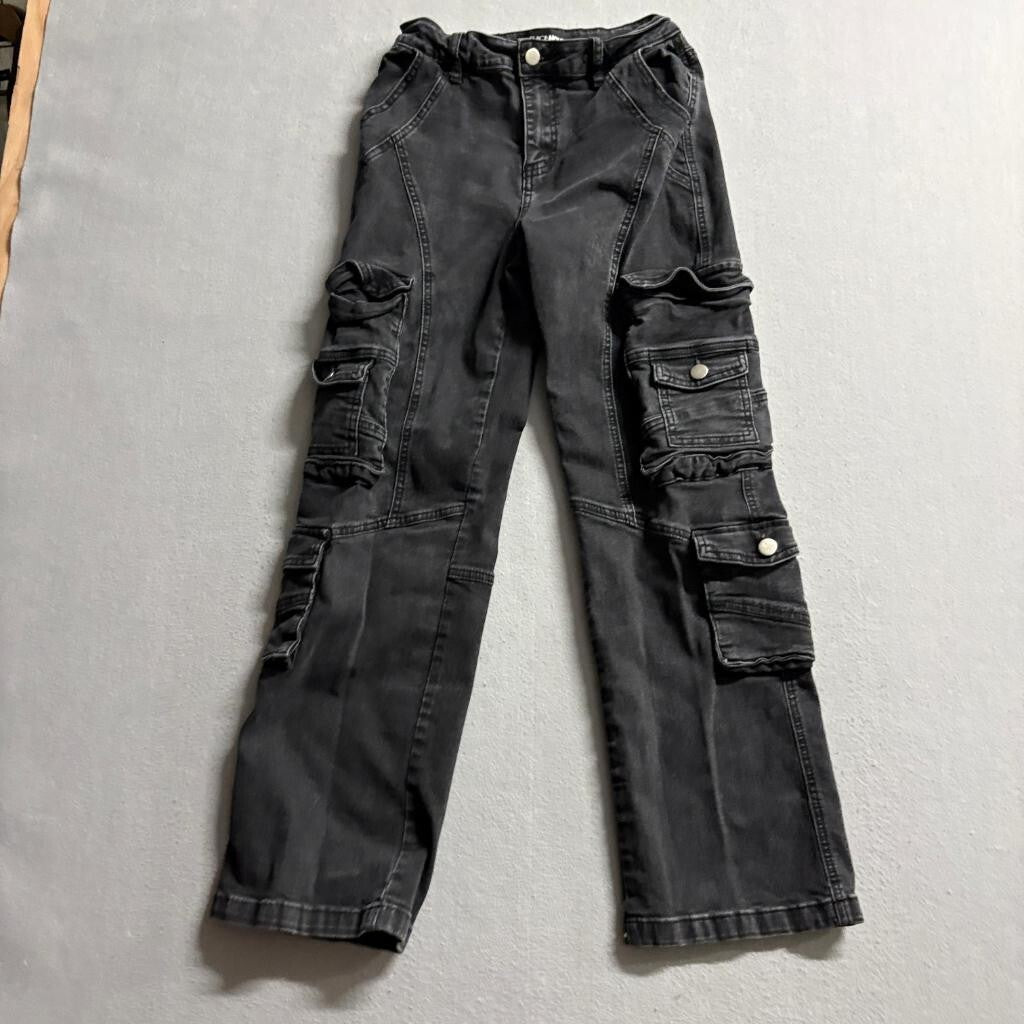 Fashion Nova Girls Size 3 Black Denim Cargo Jeans High Rise Utility Pockets