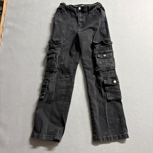 Fashion Nova Girls Size 3 Black Denim Cargo Jeans High Rise Utility Pockets