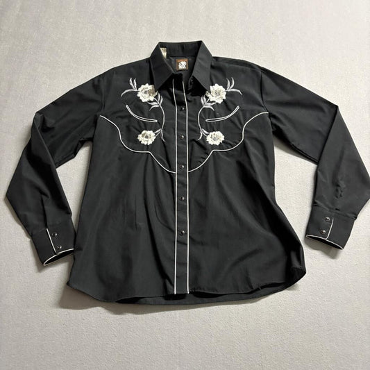 Vintage Karman Western Shirt Mens 40 Black Embroidered Floral Pearl Snap Cowboy