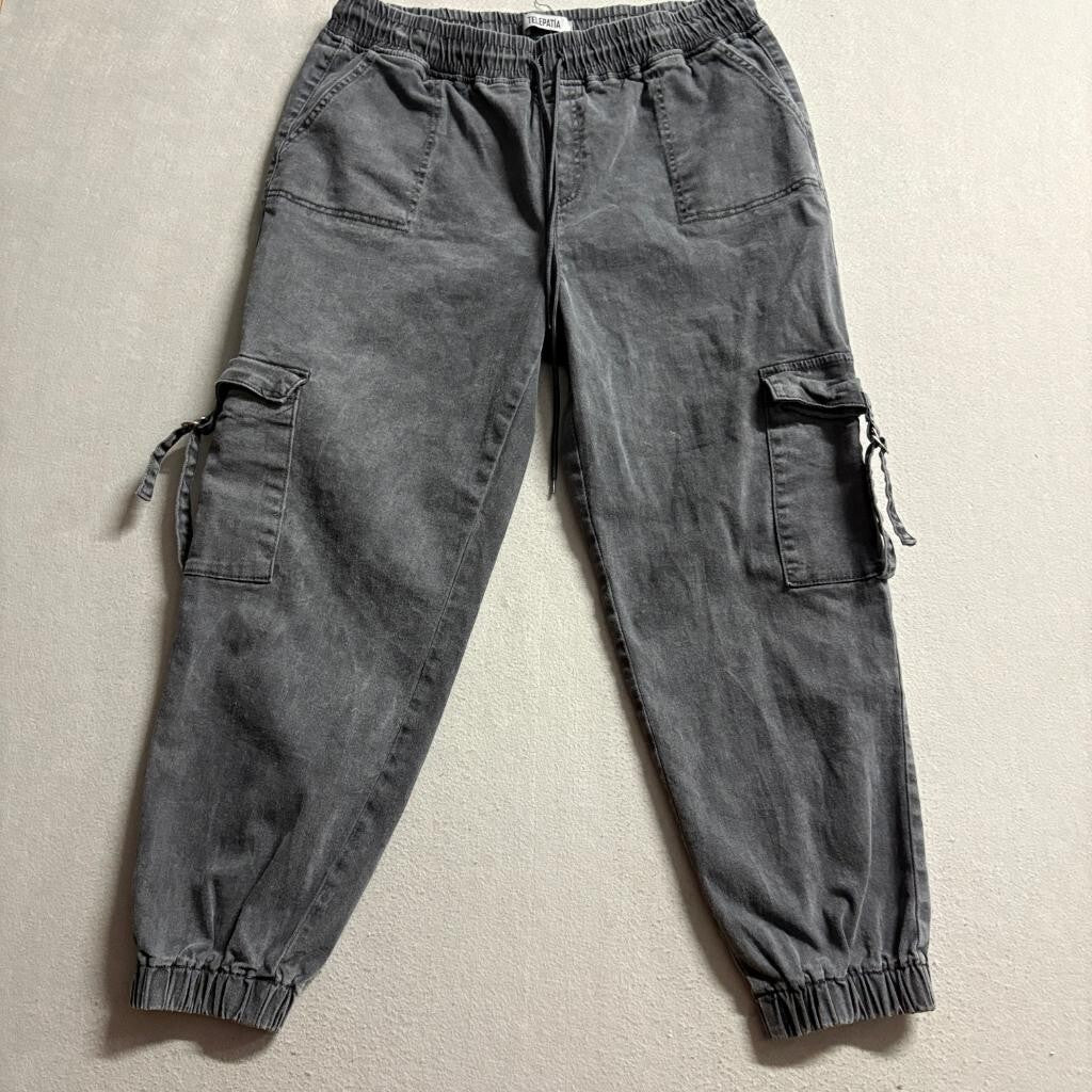 Telepatia Cargo Jogger Pants Womens 17/33 Gray Acid Wash Elastic Waist Stretch