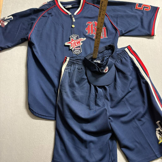 Regal Wear RW 52 Baseball Jersey Shorts Visor Set Mens XL Navy Blue Hip Hop