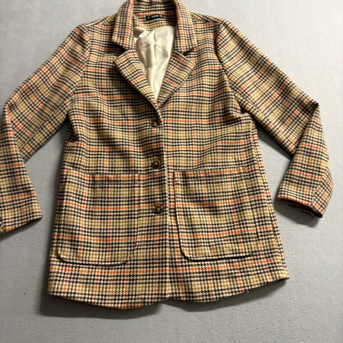 Shein Plaid Blazer Jacket Womens Small Brown Orange Houndstooth Tweed Style Coat