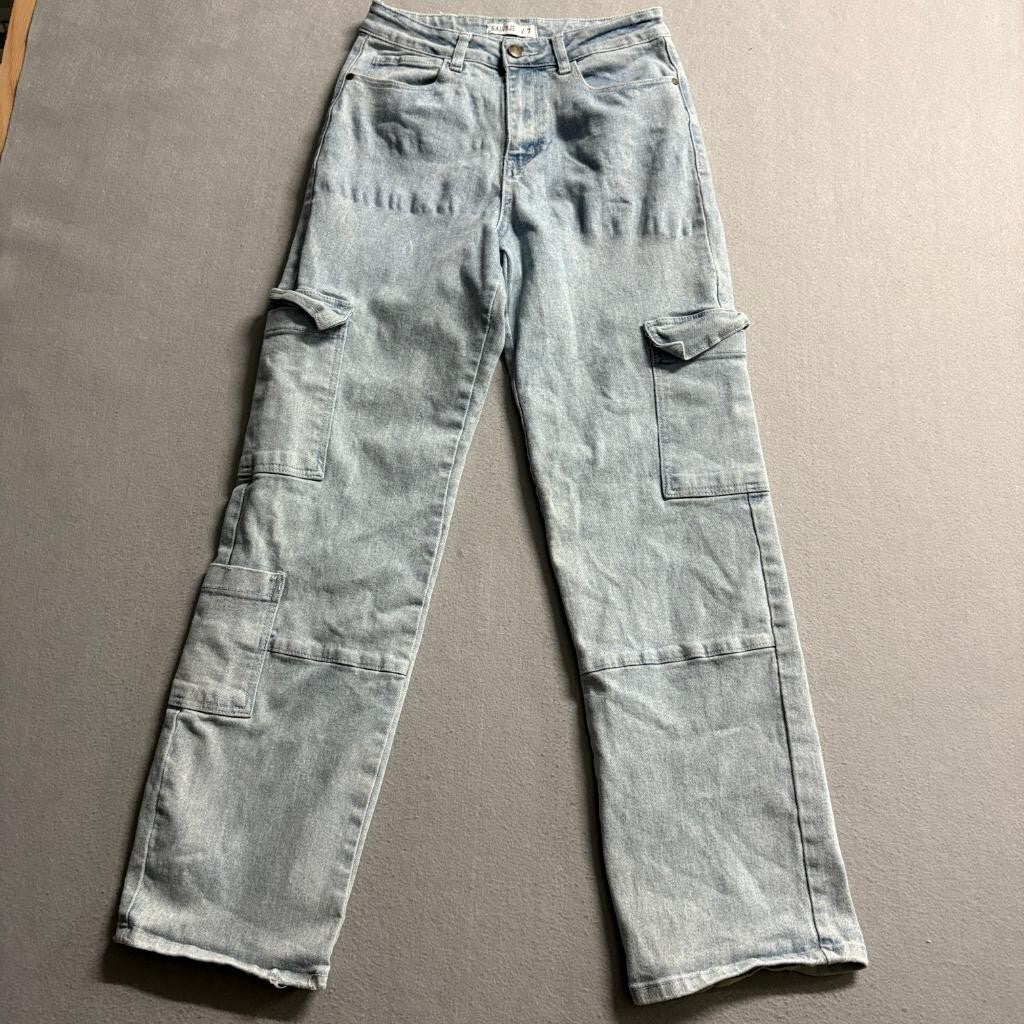 Salvaje Womens Cargo Jeans Size 7 Light Wash Blue Denim Wide Leg High Rise