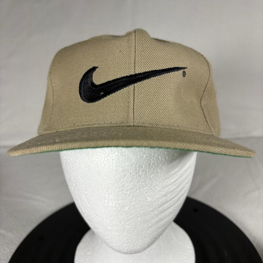 Vintage Nike Swoosh Snapback Hat Mens Tan Beige Green Under Visor Cap Boy Korea