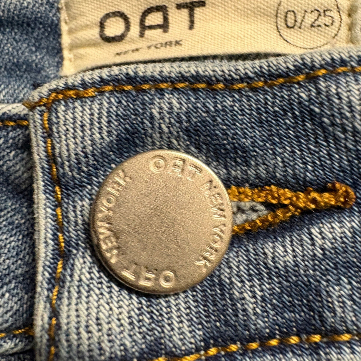 OAT New York Straight Leg Jeans Size 0 25 Blue High Rise Raw Hem Stretch Denim - Photo 2