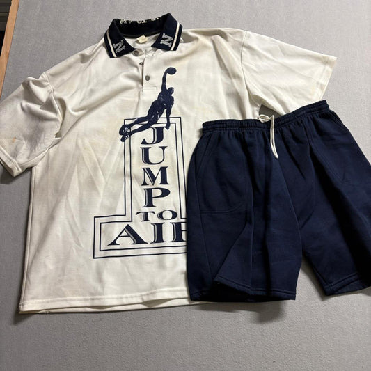 Vintage Jump to Air Polo and Shorts Set Mens XL White Navy Basketball 90s USA