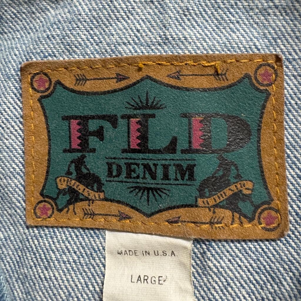 FLD Denim Vintage Womens Large Blue Jean Vest Lace Trim Faux Pearl Studded USA