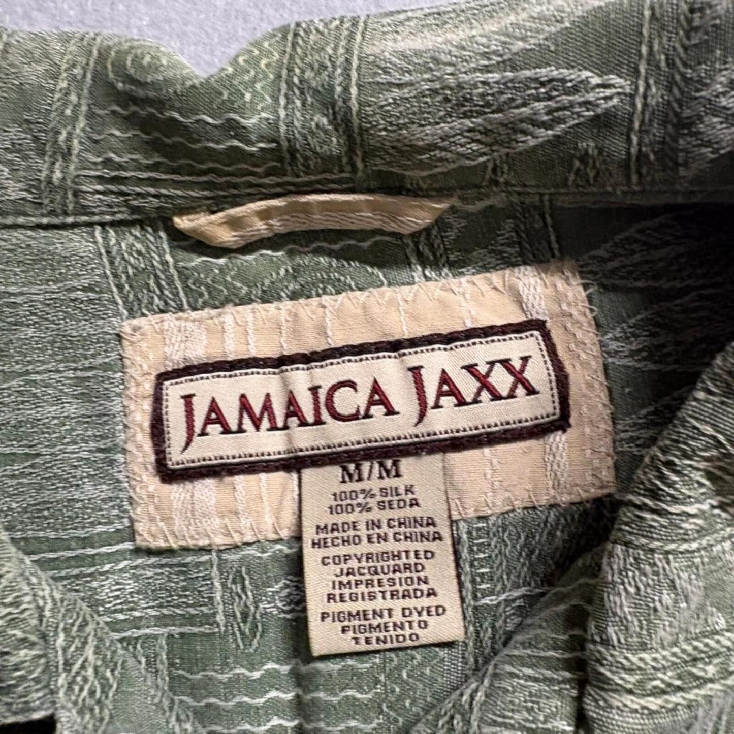 Jamaica Jaxx Mens Medium Green 100% Silk Jacquard Hawaiian Camp Shirt Surfboards