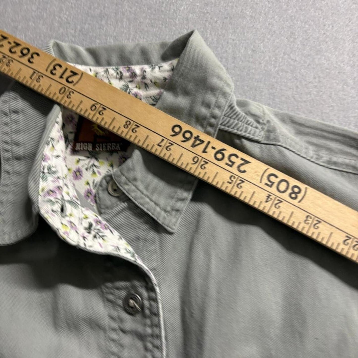 High Sierra Womens Medium Green Twill Button Up Shirt Floral Trim Long Sleeve