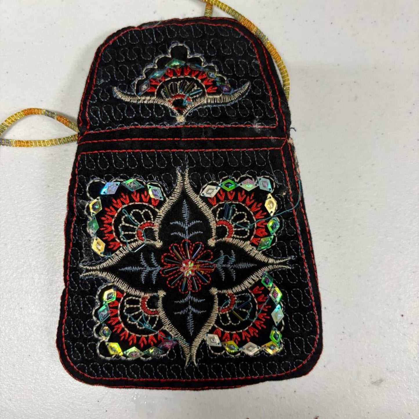 Vintage Embroidered Boho Crossbody Pouch Bag Black Velvet Beaded Sequined Small