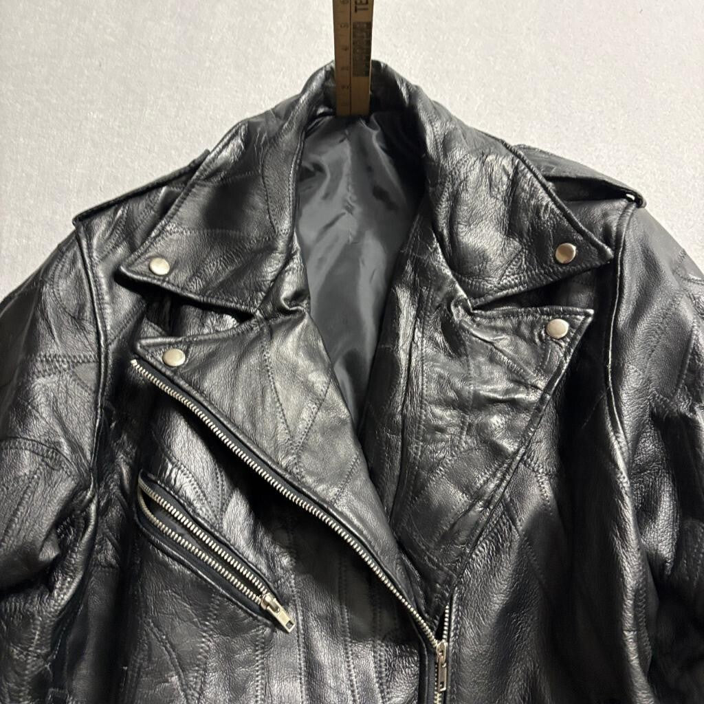 Vintage Patchwork Leather Motorcycle Jacket Mens XL Black Belted Biker Punk