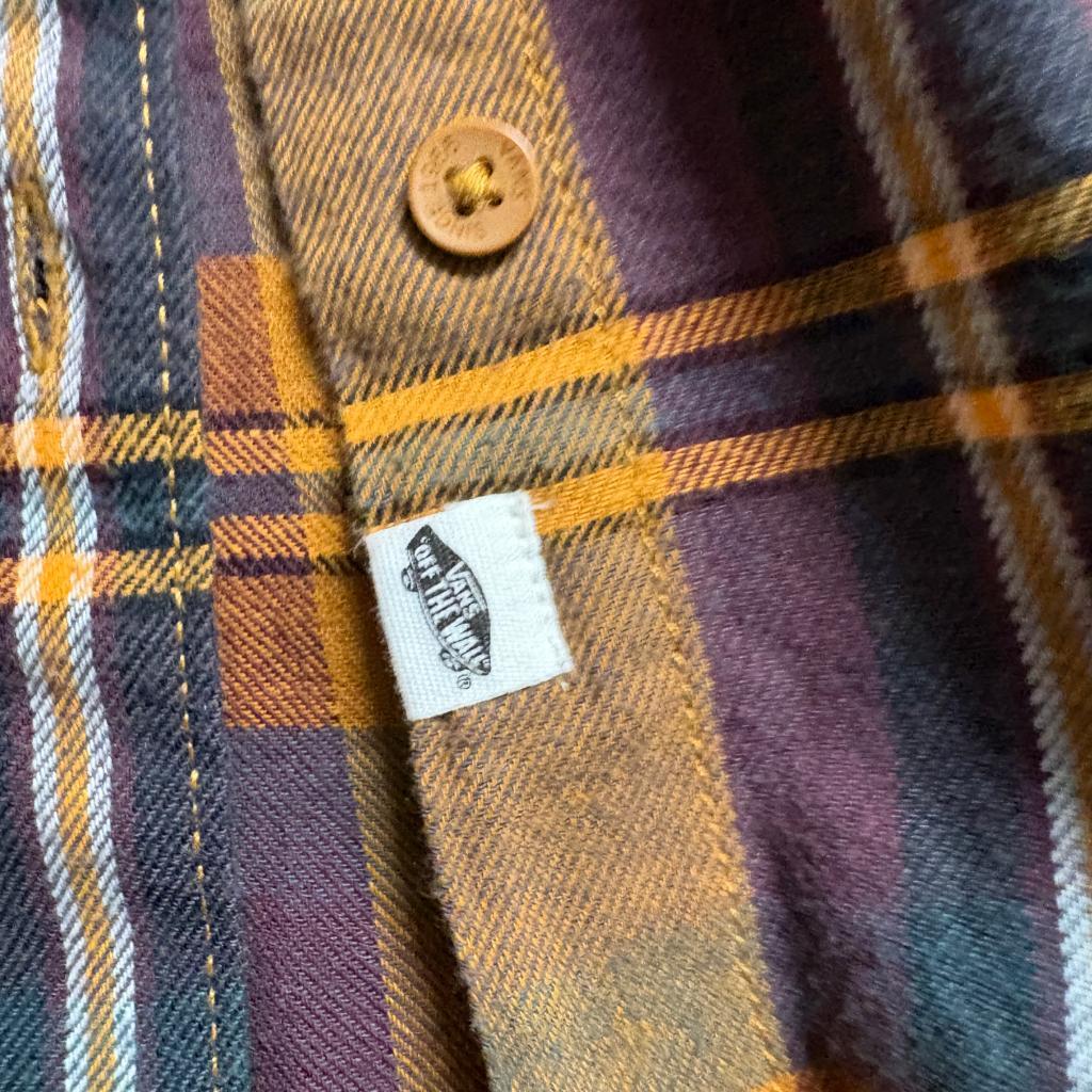 Vans Off The Wall Plaid Flannel Shirt Womens XL Mustard Yellow Purple Cotton