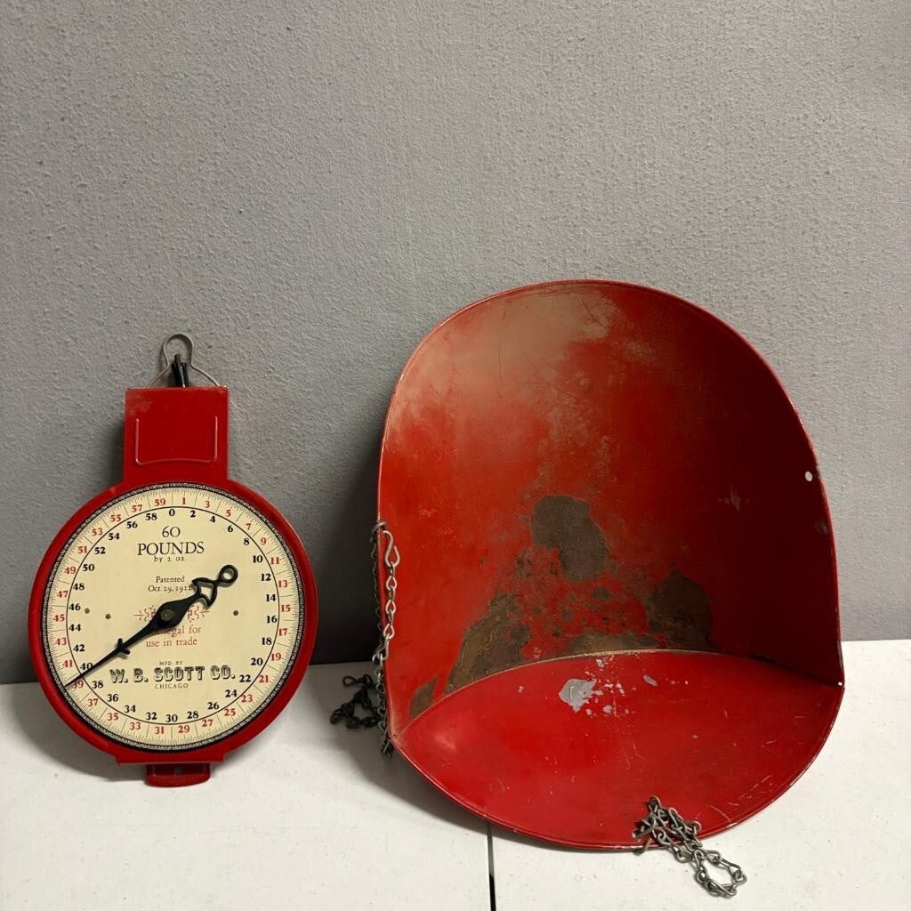 Vintage W B Scott Co Chicago 60 Lb Hanging Scale Red Metal Scoop Pan Pat 1912