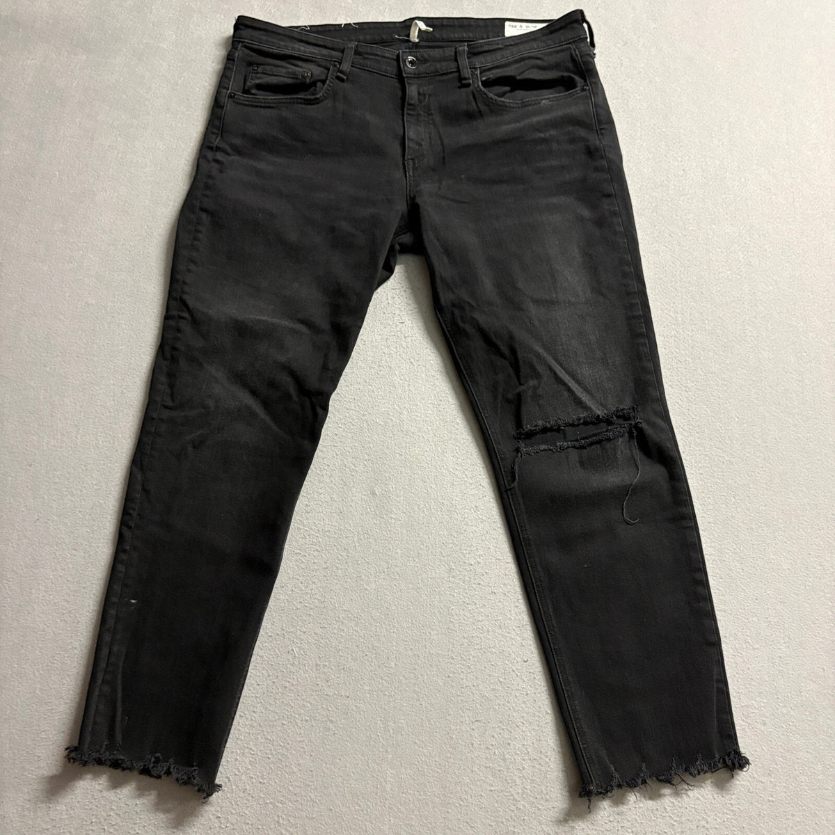 Rag & Bone Dre Low-Rise Ankle Slim Boyfriend Jeans Black Size 32 Distressed Hem