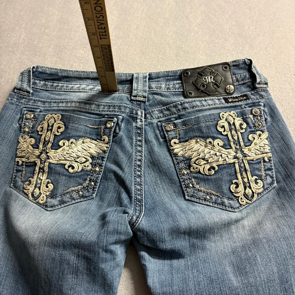 Miss Me Bootcut Jeans Womens 29 Blue Distressed Embellished JP6187B Inseam 32
