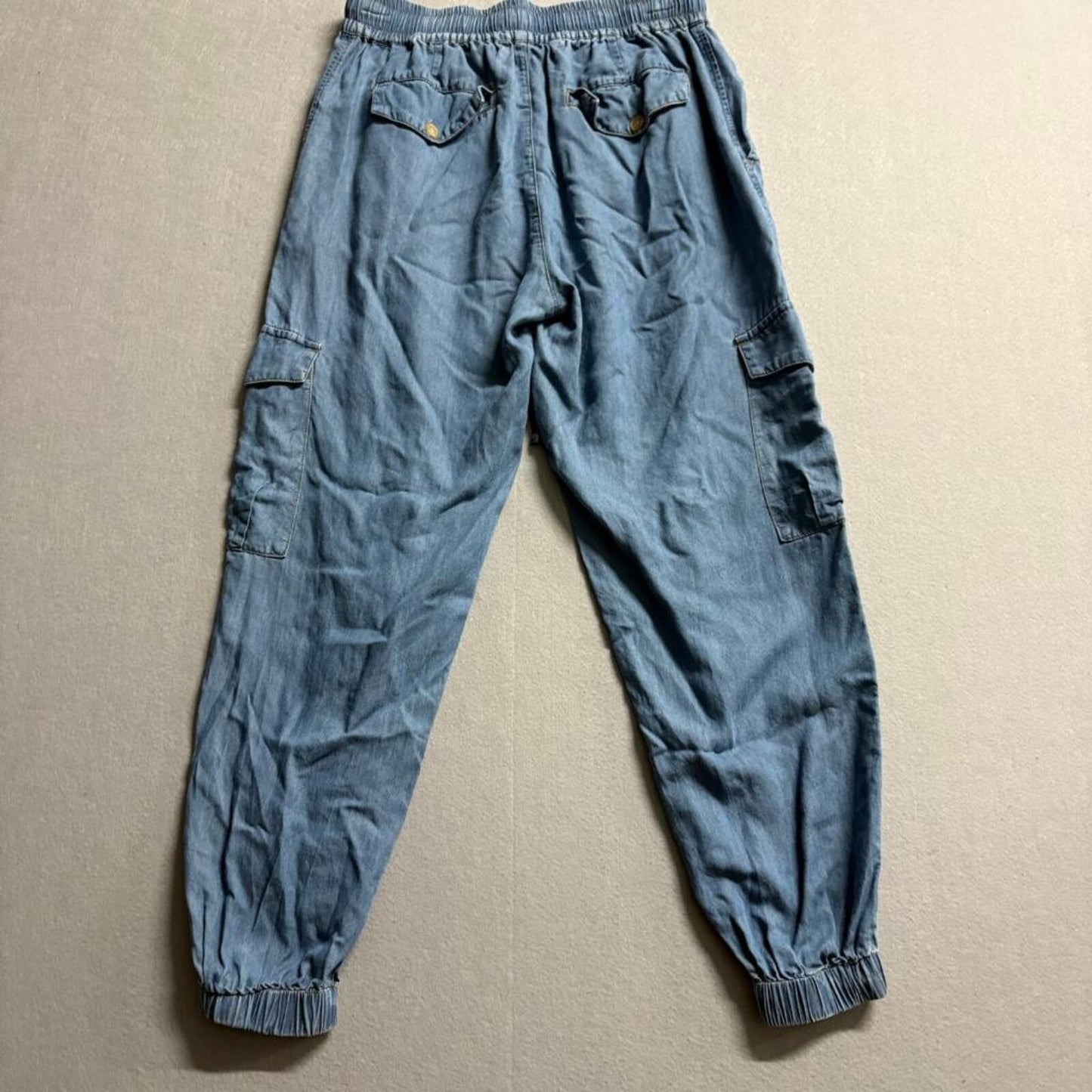 Malibu Bum Womens Blue Tencel Denim Cargo Jogger Pants Size S Drawstring Waist