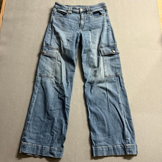 American Eagle Super High Rise Baggy Wide Leg Cargo Jeans Womens 6 Regular Blue