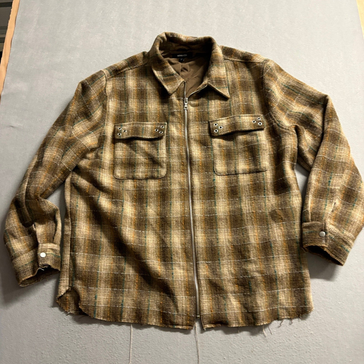 NovaMen Plaid Zip Up Shirt Jacket Mens XXL Brown Raw Hem Shacket