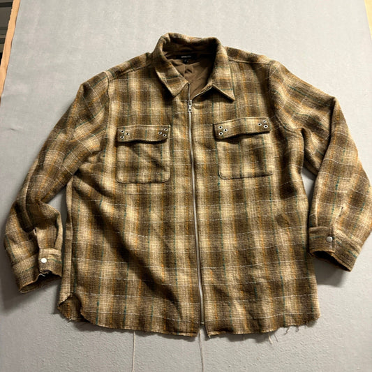 NovaMen Plaid Zip Up Shirt Jacket Mens XXL Brown Raw Hem Shacket
