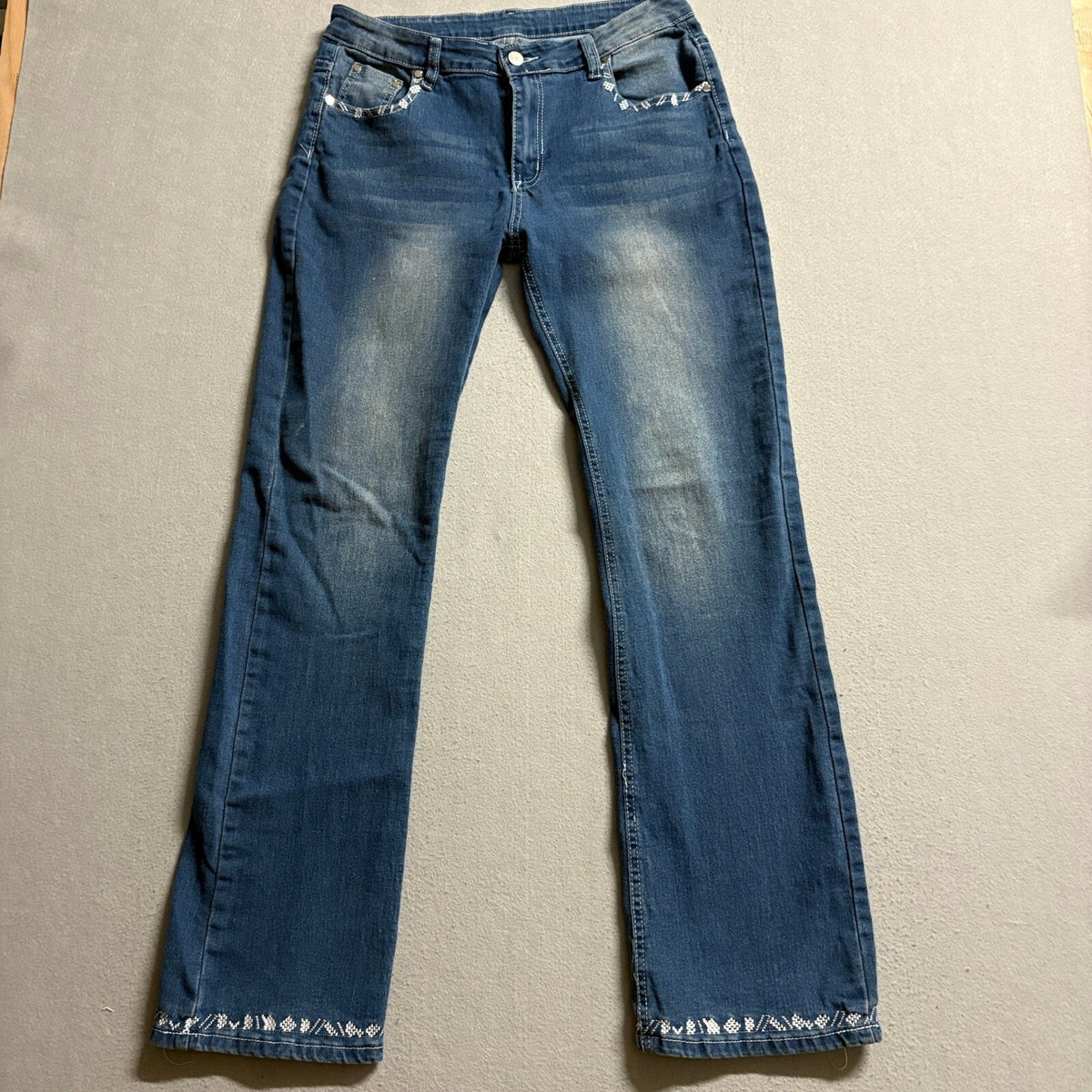 Womens Embroidered Bootcut Blue Jeans Size L Western Feather Pocket Accents
