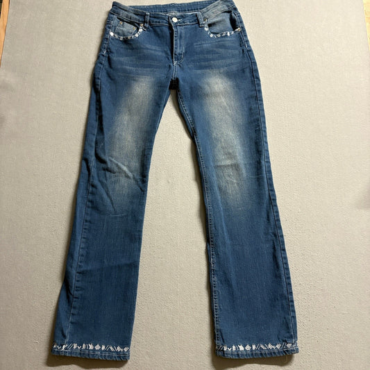 Womens Embroidered Bootcut Blue Jeans Size L Western Feather Pocket Accents