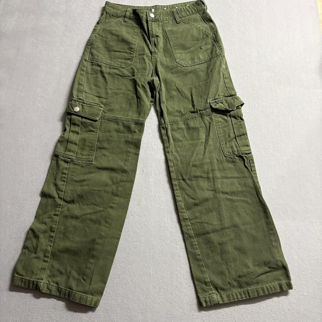 Forever 21 Premium Denim Cargo Pants Womens Small Green Cotton Wide Leg Utility