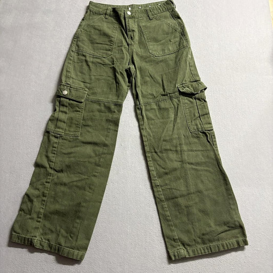 Forever 21 Premium Denim Cargo Pants Womens Small Green Cotton Wide Leg Utility