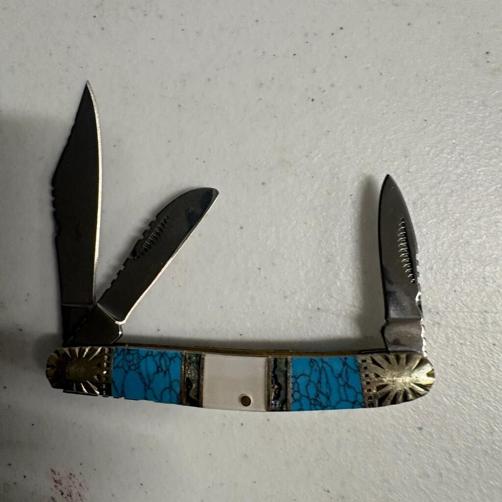 Silverhorse Stoneworks 3 Blade Pocket Knife Turquoise Abalone Pearl Horse Head
