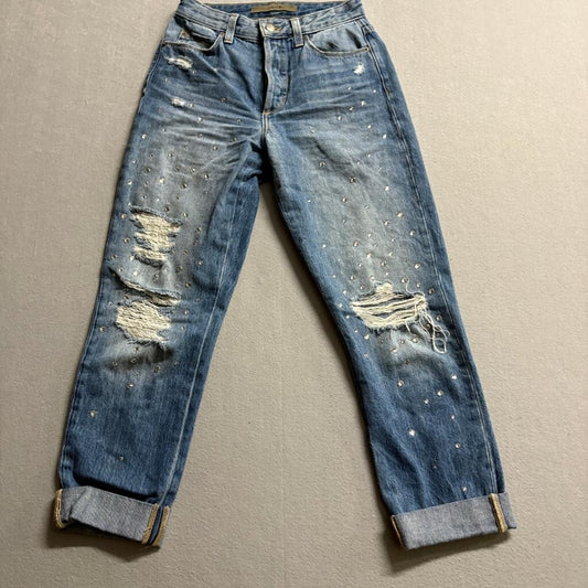 Joe's Jeans The Smith High Rise Straight Ankle Rhinestone Distressed Blue 23