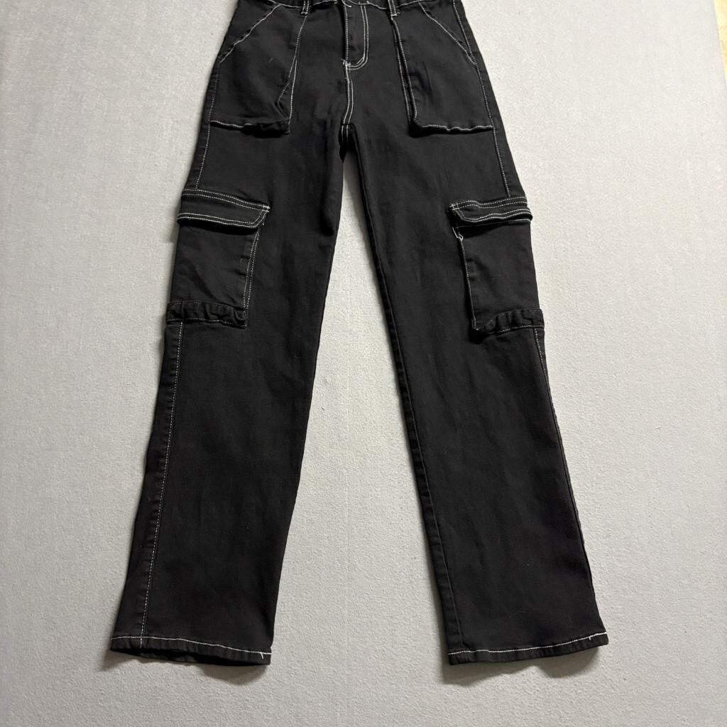 Between Us Black Cargo Pants Womens Size 9 Contrast Stitch High Rise Utility