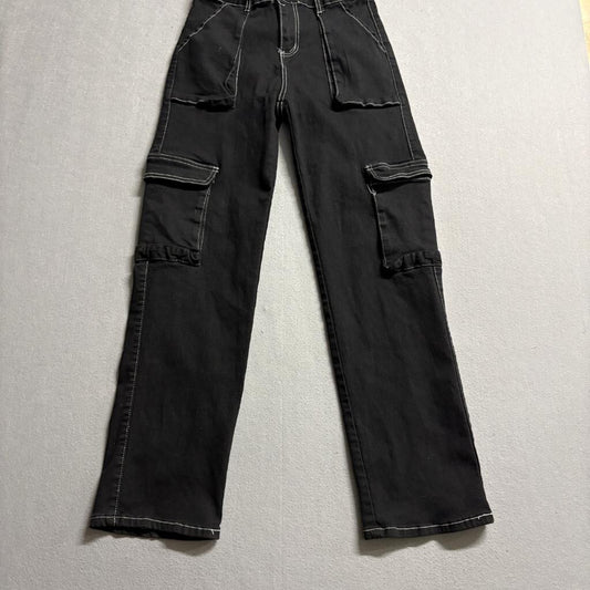 Between Us Black Cargo Pants Womens Size 9 Contrast Stitch High Rise Utility