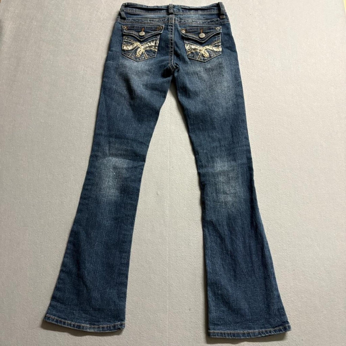 WallFlower Bootcut Jeans Womens Size 3 Blue Denim Embellished Flap Pocket
