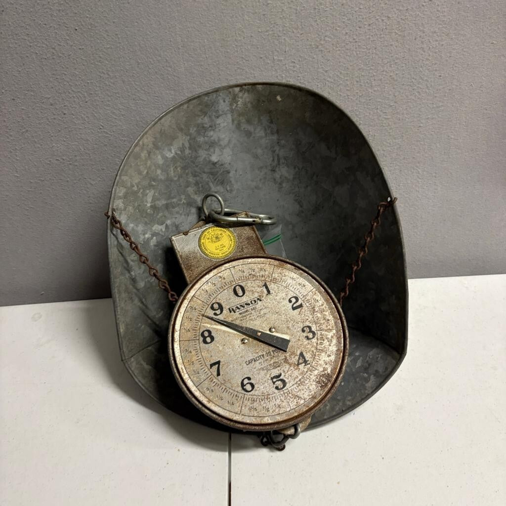 Vintage Hanson Model 842 Hanging Scale 20 Lb Capacity Galvanized Metal Scoop Pan
