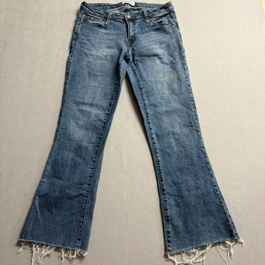 RSQ Low Rise Flare Jeans Womens 27 Blue Denim Raw Hem Stretch Comfort