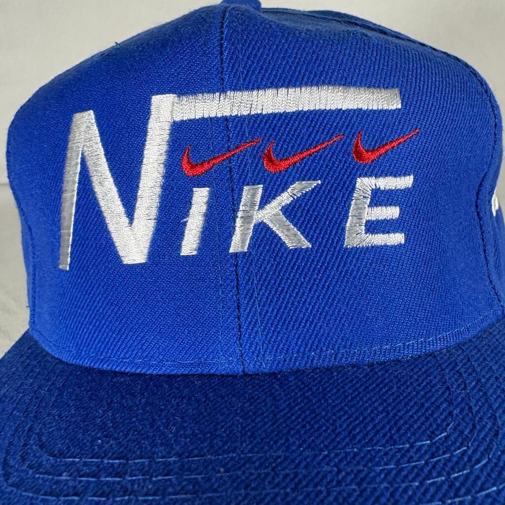 Vintage Nike Spell Out Swoosh Hat Mens Blue Wool Blend Snapback Cap
