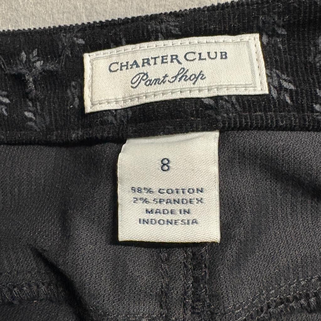 Charter Club Corduroy Pants Womens 8 Black Floral Print Stretch Straight Leg