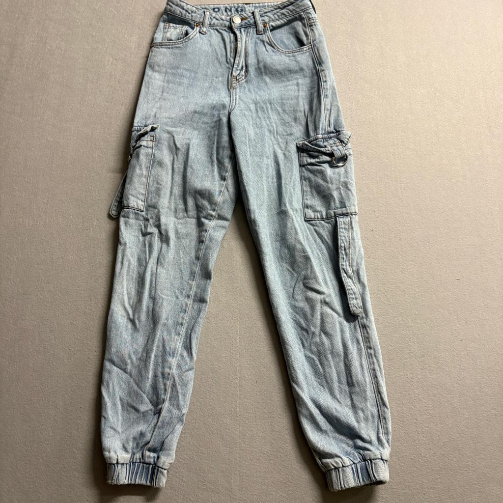 SONG Denim Cargo Jogger Pants Womens 00/23 Light Wash Blue Cotton High Rise