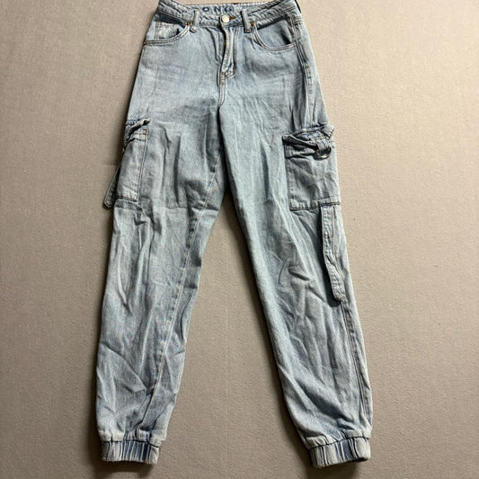 SONG Denim Cargo Jogger Pants Womens 00/23 Light Wash Blue Cotton High Rise