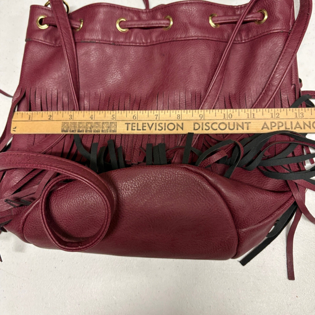 Burgundy Faux Leather Fringe Bucket Bag Women Boho Drawstring Crossbody Purse