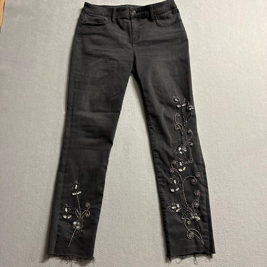 Chicos So Slimming Girlfriend Slim Leg Ankle Jeans Sz 0T Gray Beaded Floral Hem