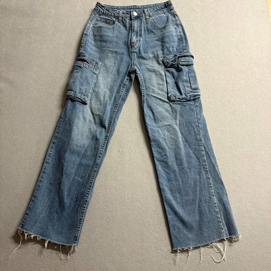 Unbranded Women Blue High Rise Wide Leg Cargo Jeans Size 2 Raw Hem Utility Denim